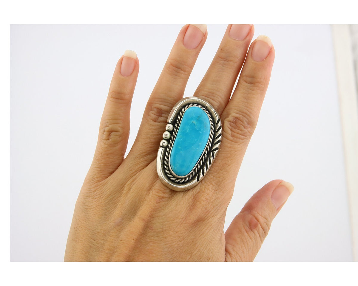 Navajo Ring 925 Sterling Natural Blue Turquoise Signed Ben S C.80's Size 9.0