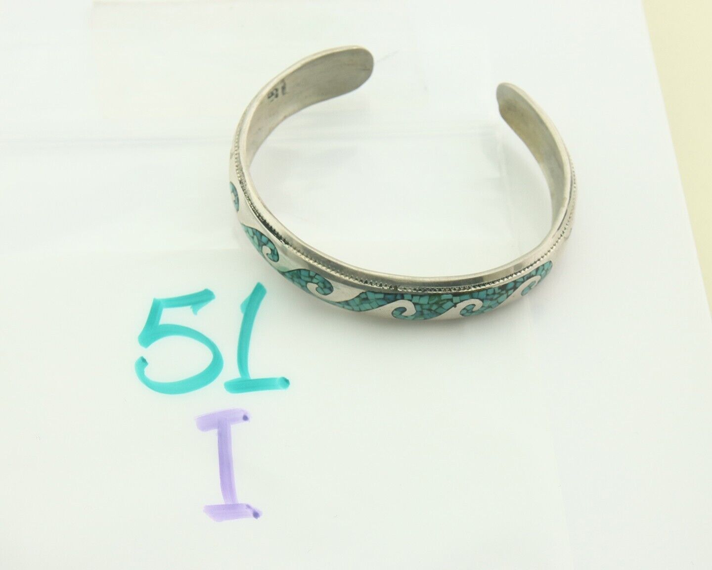 Navajo Bracelet 925 Silver Inlaid Turquoise Cuff Artist Signed LB C80s