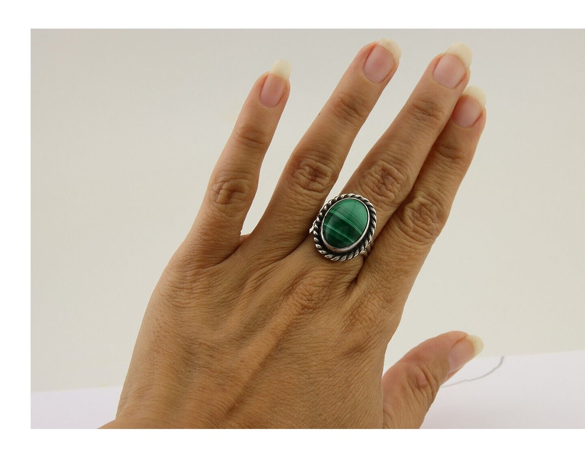 Navajo Ring 925 Silver Natural Malachite Native American Artist C.80's