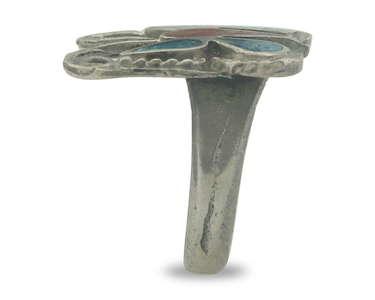 Navajo Ring 925 Silver Inlaid Butterfly Turquoise & Coral C.80's Size 5.0