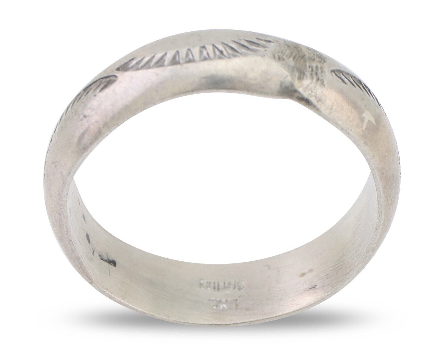 Navajo Hand Stamped Band 925 Silver 6.0 mm Signed Larry Chavez Size 10.25 C.80's