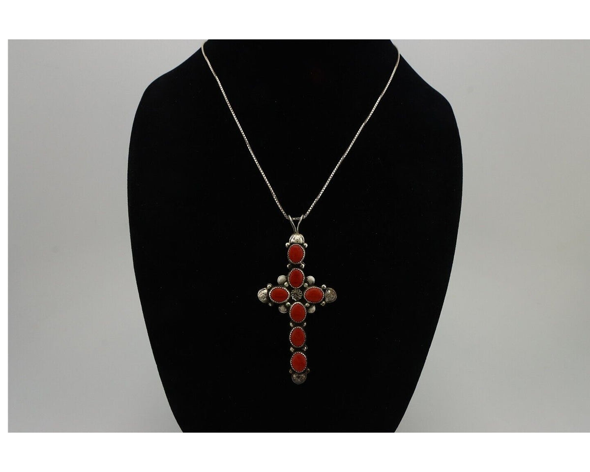Navajo Cross Pendant 925 Silver Natural Coral Artist Signed Archie Martinez C80s