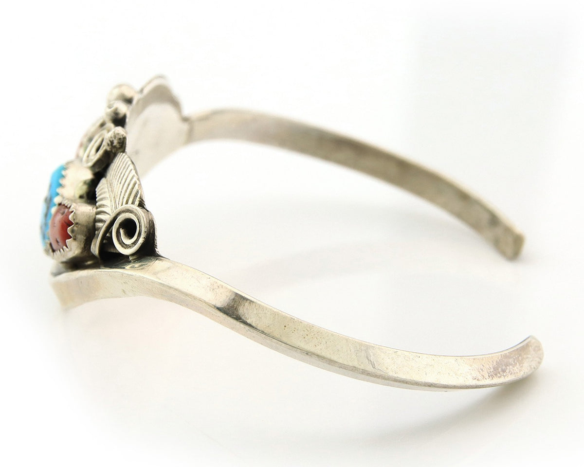 Navajo Cuff Bracelet Sterling Silver Natural Coral Turquoise Sign Justin Morris