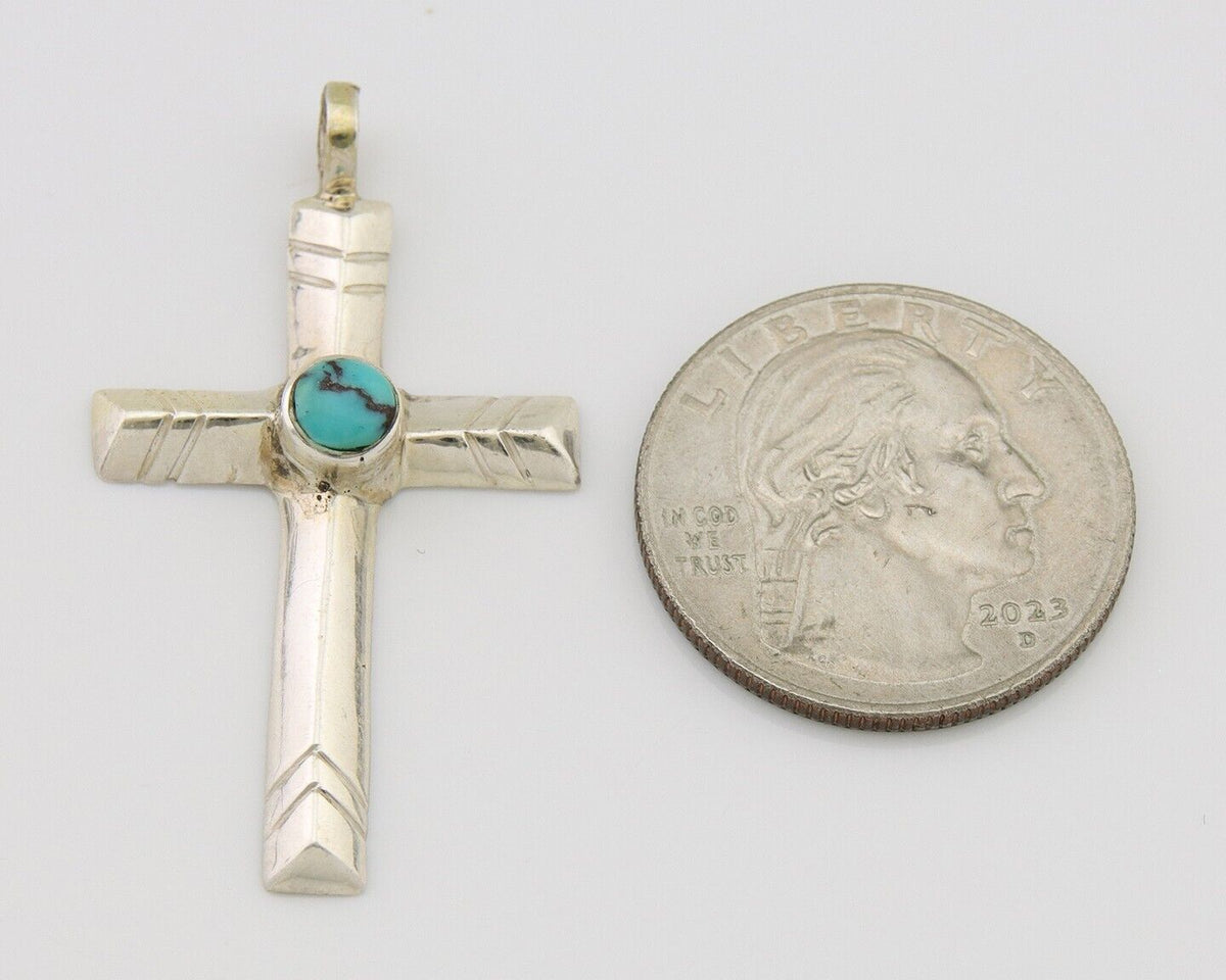 Navajo Sand Cast Cross Pendant 925 Silver Turquoise Artist Signed J Yazzie C.80s