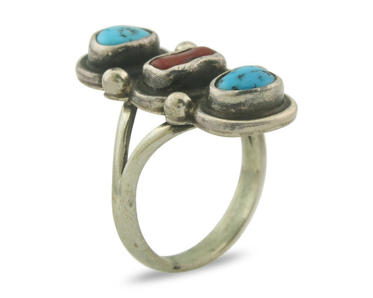 Vintage Navajo Ring 925 Sterling Natural Coral & Turquoise Native Artist Sz 7.0