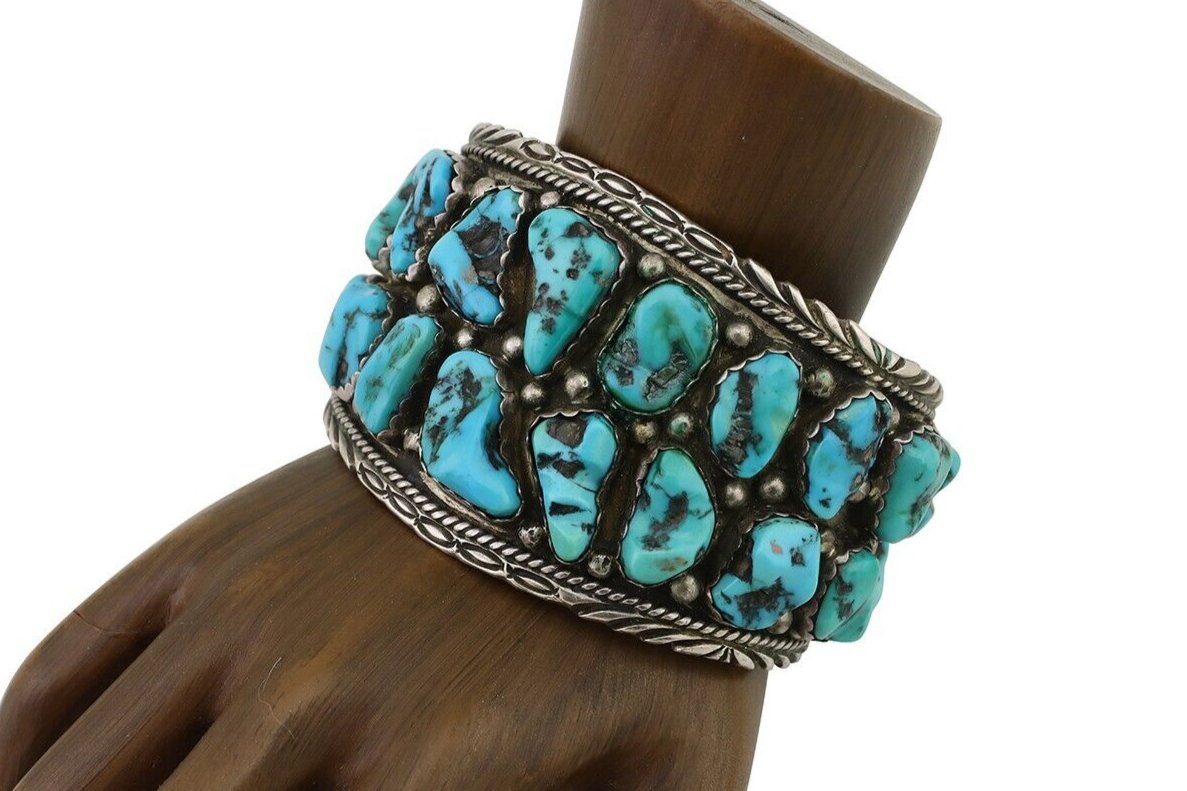 Men Navajo Cuff Bracelet 925 Silver Blue Hand Cut Turquoise Native Artist C.80's