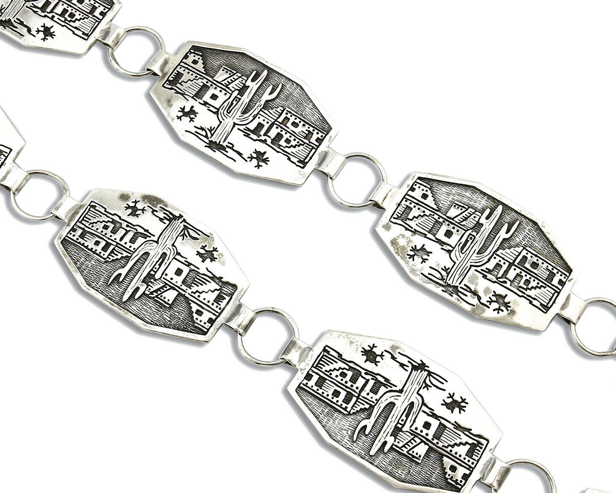 Navajo Concho Belt .925 Silver Pictograph Overlay Signed LE C.1980's