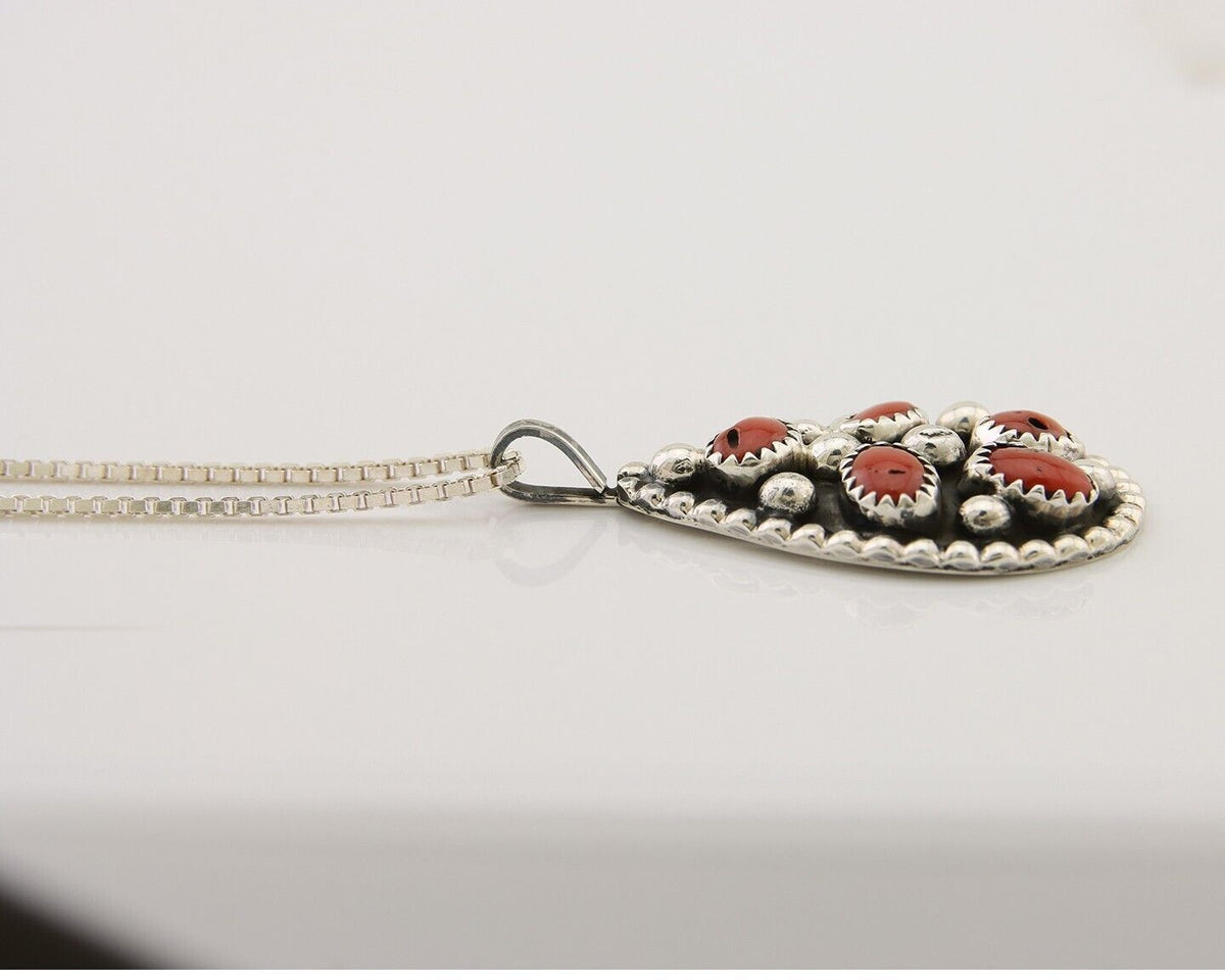 Large Navajo Necklace 925 Silver Mediterranean Coral Artist Signed JR C.80's