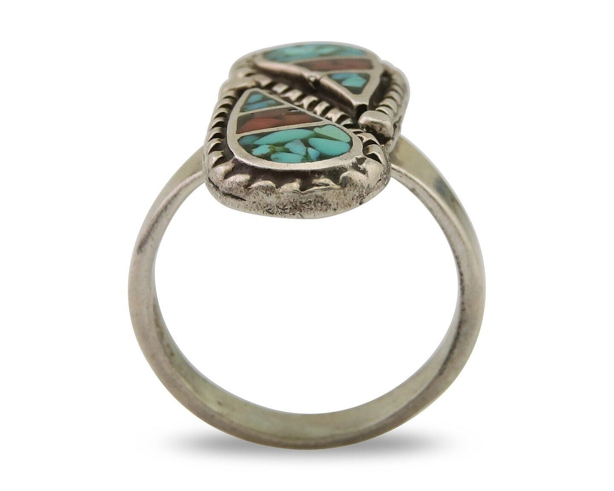 Navajo Ring 925 Silver Chip Inlay Turquoise & Coral Native Artist C.80's