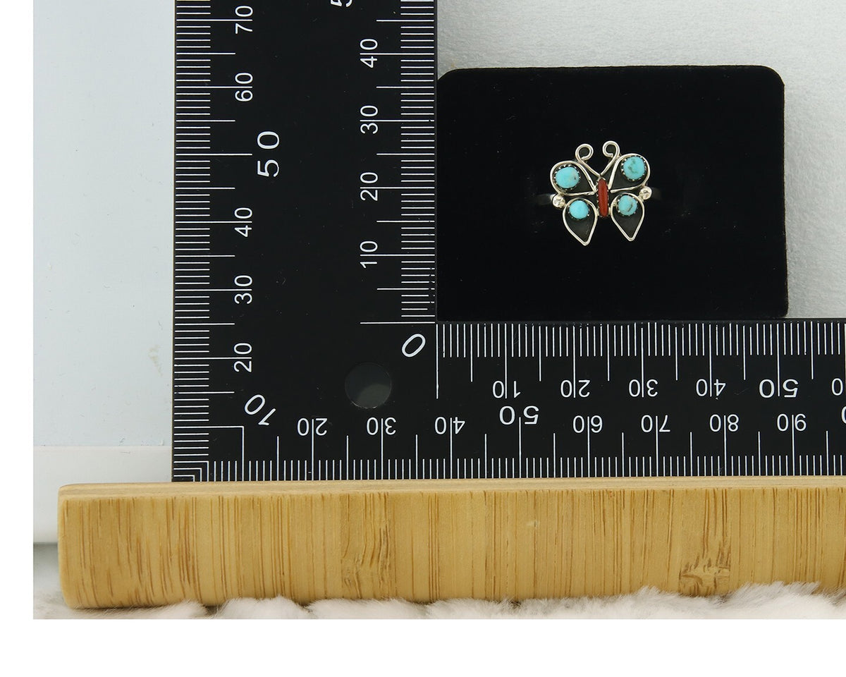 Navajo Butterfly Ring Sterling Silver Authentic Turquoise & Coral Size 6.25
