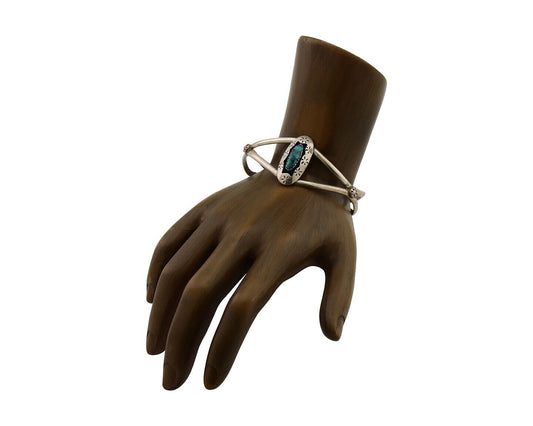 Navajo Hand Stamped Cuff Bracelet Turquoise 925 Silver Native American Artist
