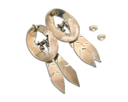 Navajo Feather Earrings 925 Silver Dangle Artist Signed DISHTA C.80's