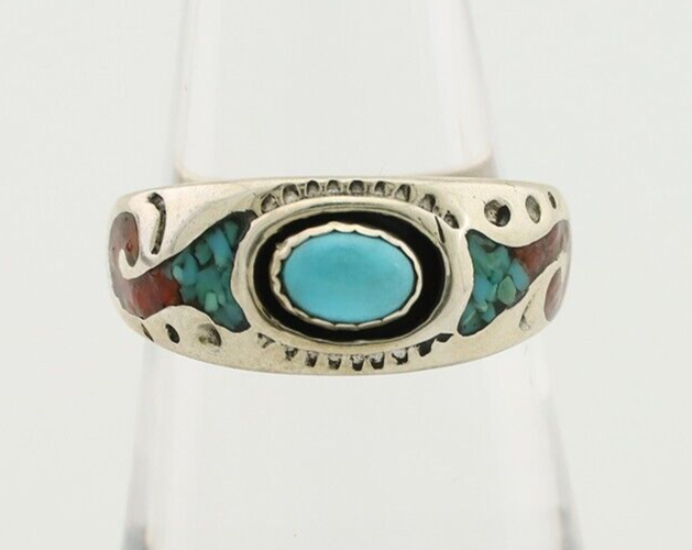 Navajo Ring 925 Silver Turquoise & Coral Natural American Artist C.80's