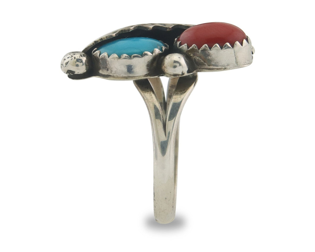 Navajo Ring 925 Sterling Natural Coral & Turquoise Signed BB C.80's Size 6.5