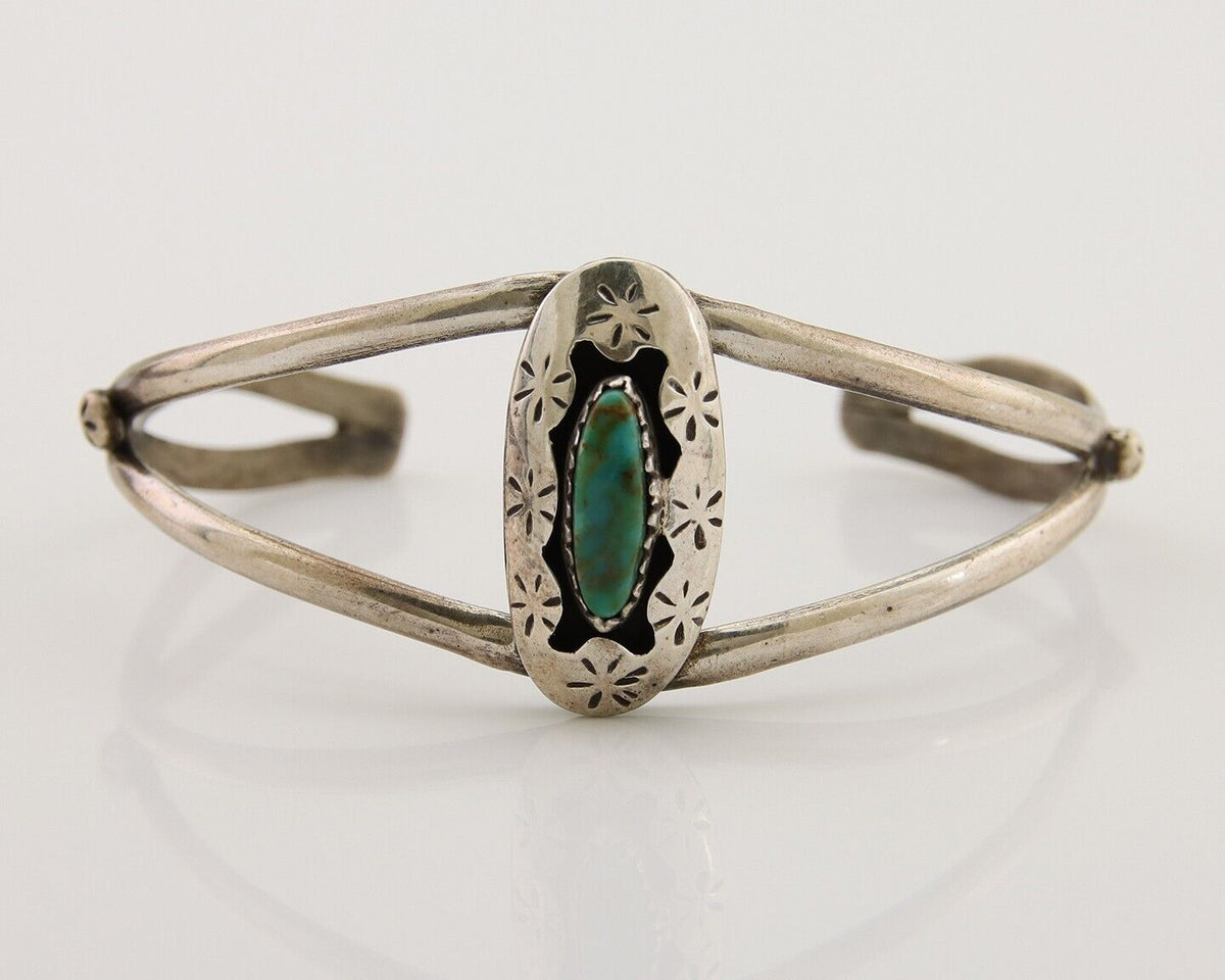 Navajo Hand Stamped Cuff Bracelet Turquoise 925 Silver Artist Signed IJC C.80's