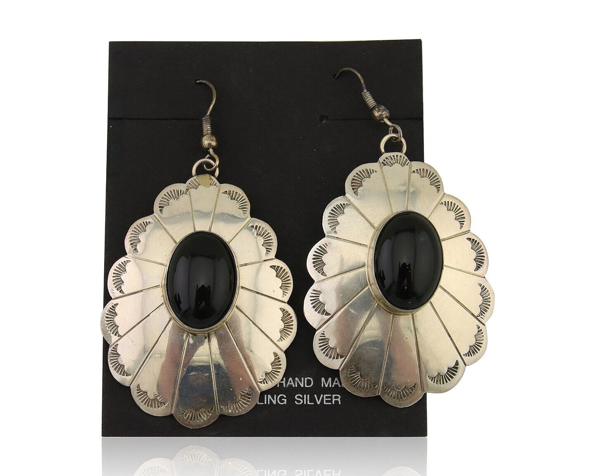 Navajo Handmade Earrings 925 Silver Onyx Artist Signed Robert Vandover C.80's
