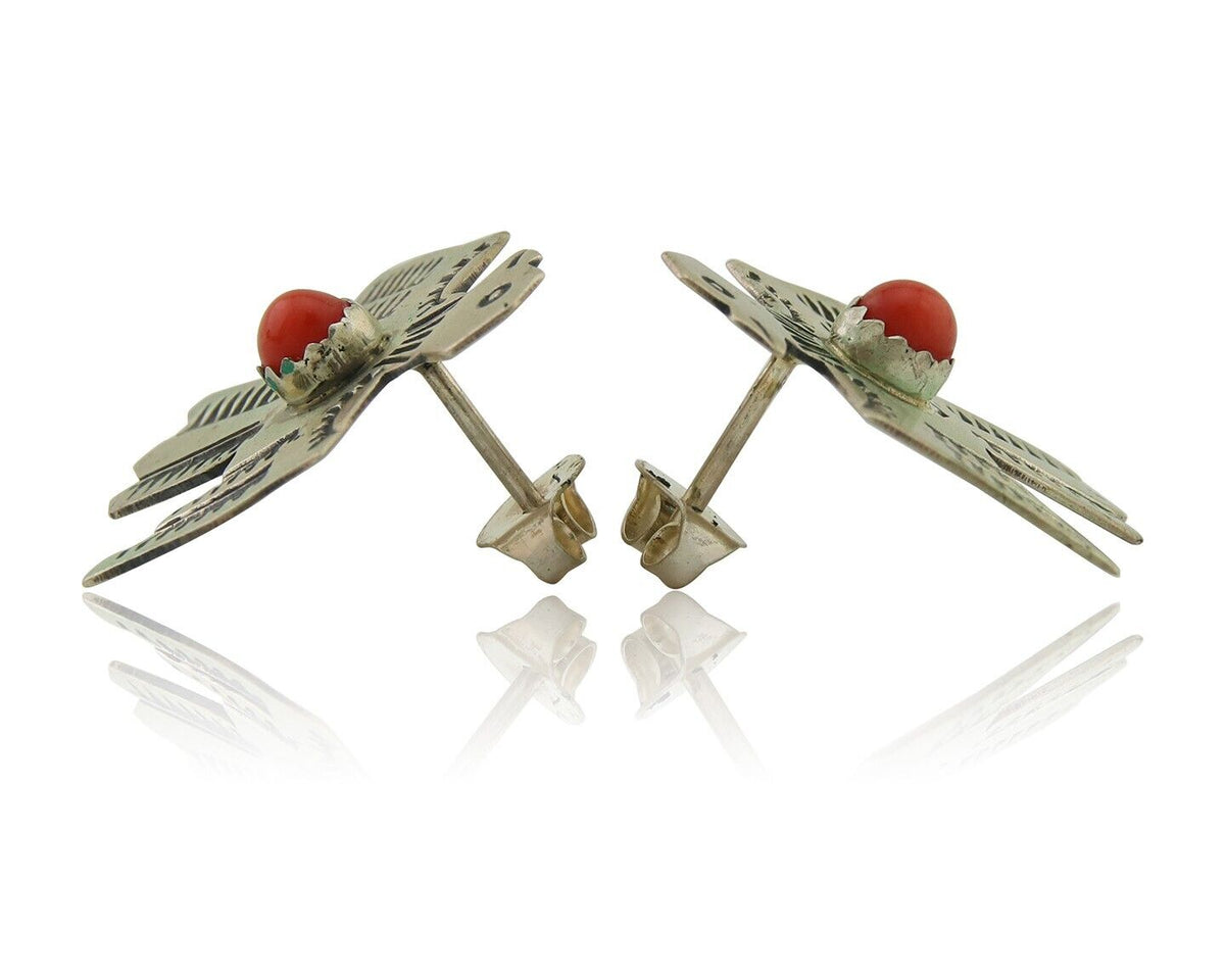Navajo Thunderbird Earrings 925 Silver Natural Red Coral Native Artist C.80's