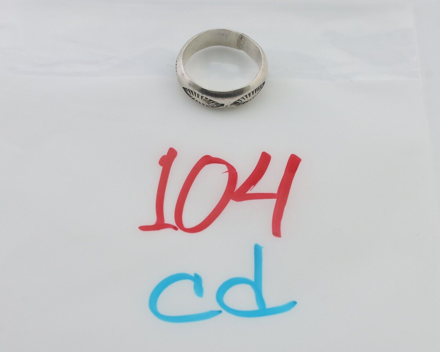 Navajo Hand Stamped Band 925 Silver 6.0 mm Signed Larry Chavez Size 7.75 C.80's