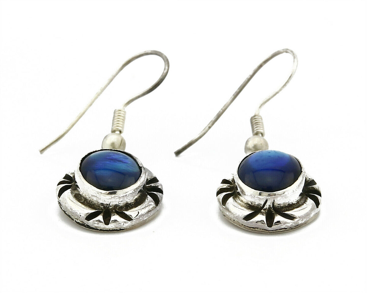 Navajo Hand Stamped Natural Mined Shell .925 SOLID Silver Dangle Earrings