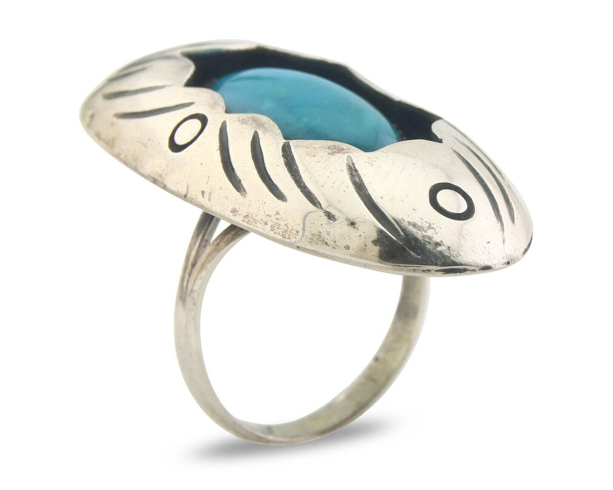 Navajo Ring 925 Sterling Turquoise Handmade Native Artist C.80's Size 5.75