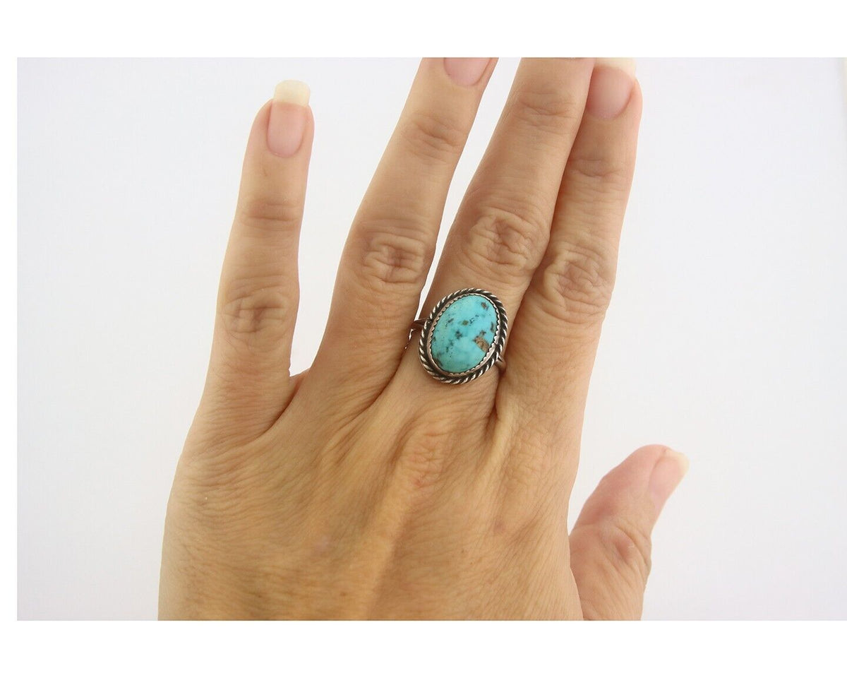 Navajo Ring 925 Sterling Natural Turquoise Native Artist C.80's Size 7.0