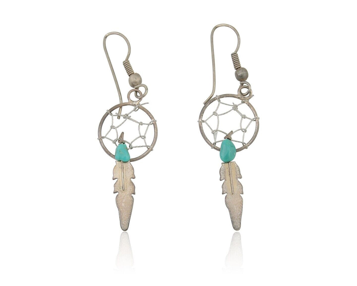 Navajo Dangle Dream Catcher Earrings 925 Silver Blue Turquoise Native Artist C80