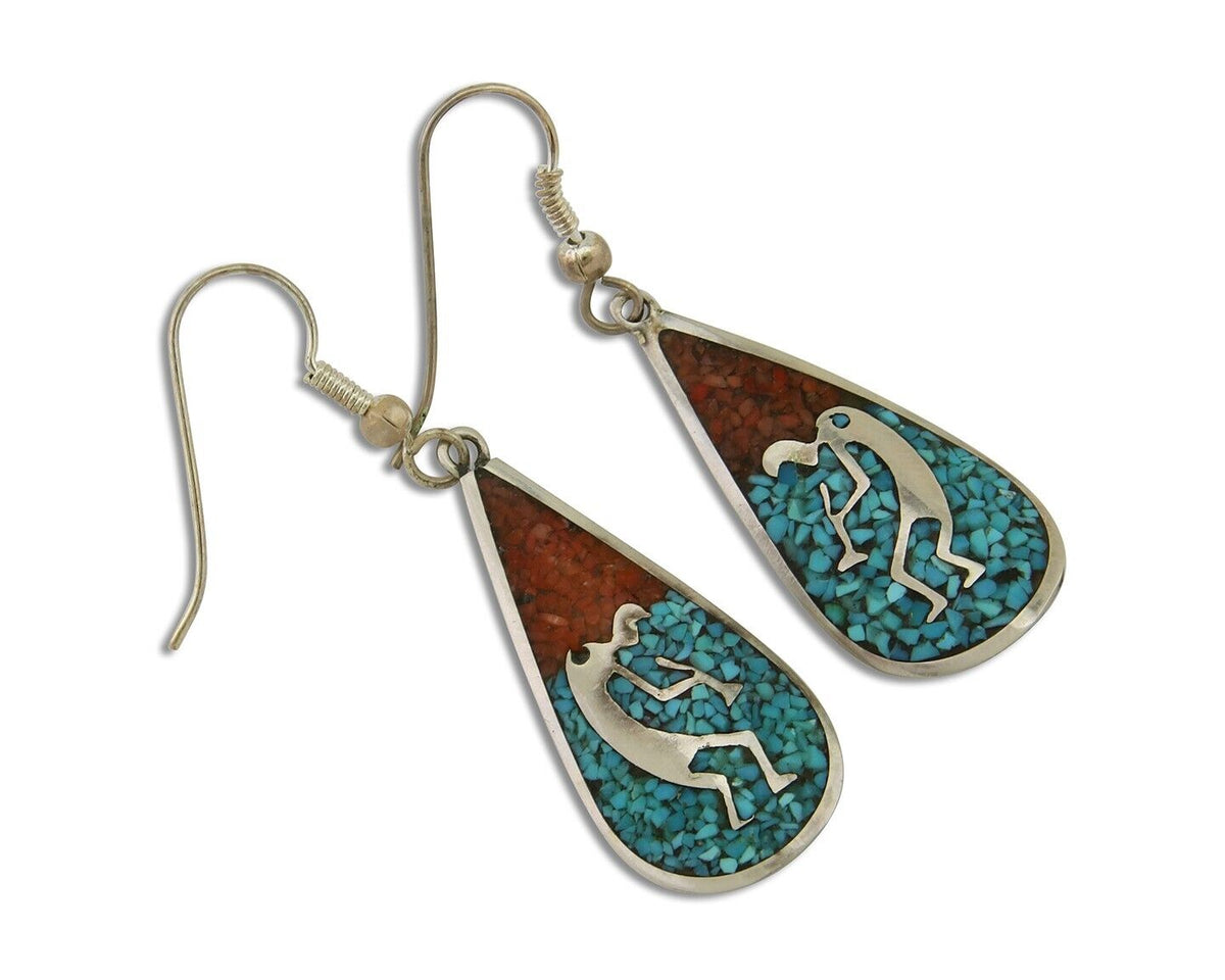 Navajo Kokopelli Earrings 999 Nickel Chip Inlay Turquoise Coral Native American