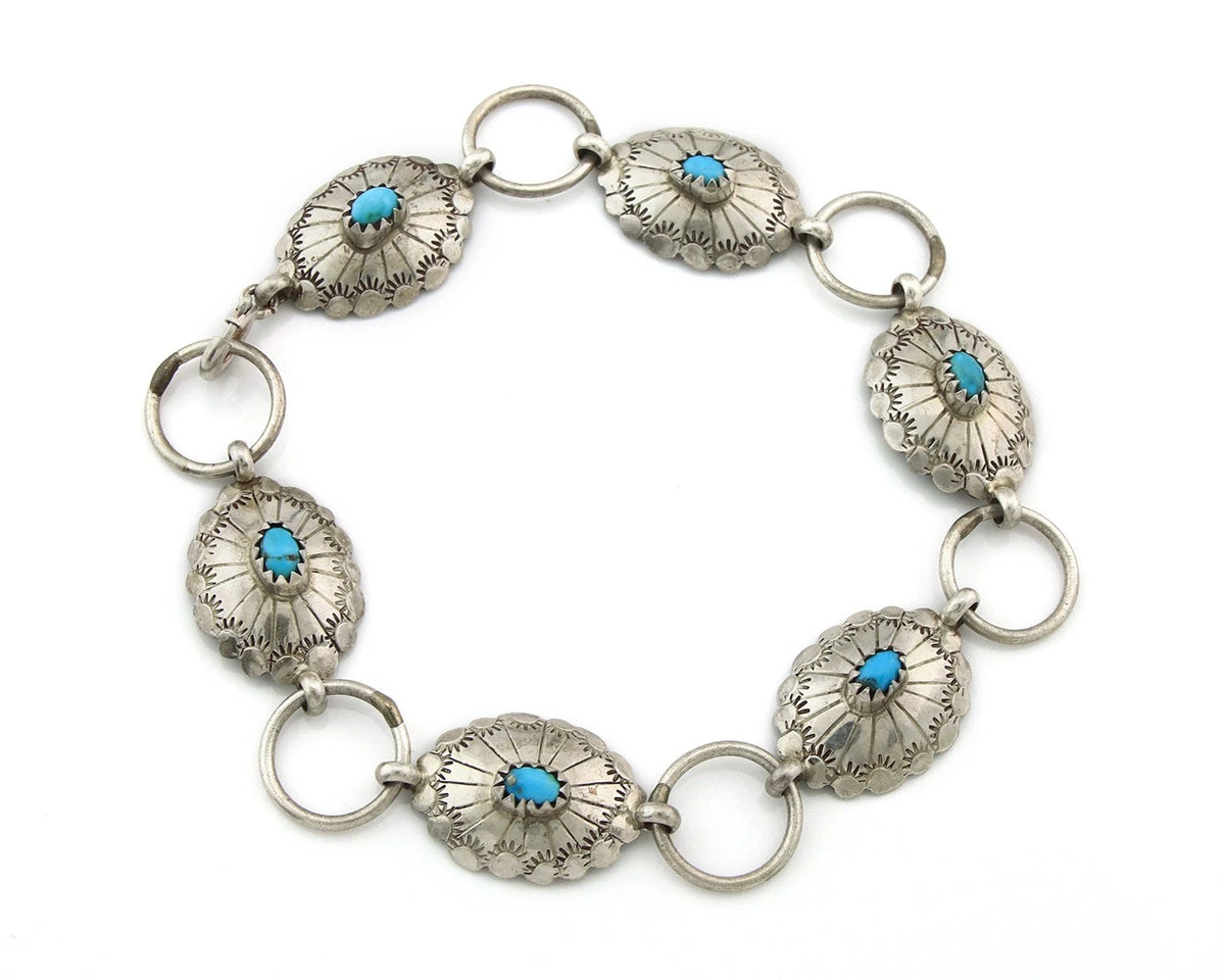 Navajo Concho Bracelet Sterling Silver Turquoise Hand Stamped Signed A.J.
