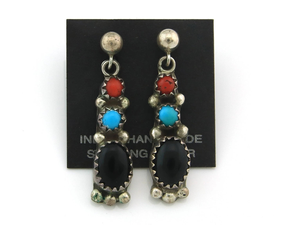 Navajo Dangle Earrings Sterling Silver Natural Gemstones Vintage Handmade