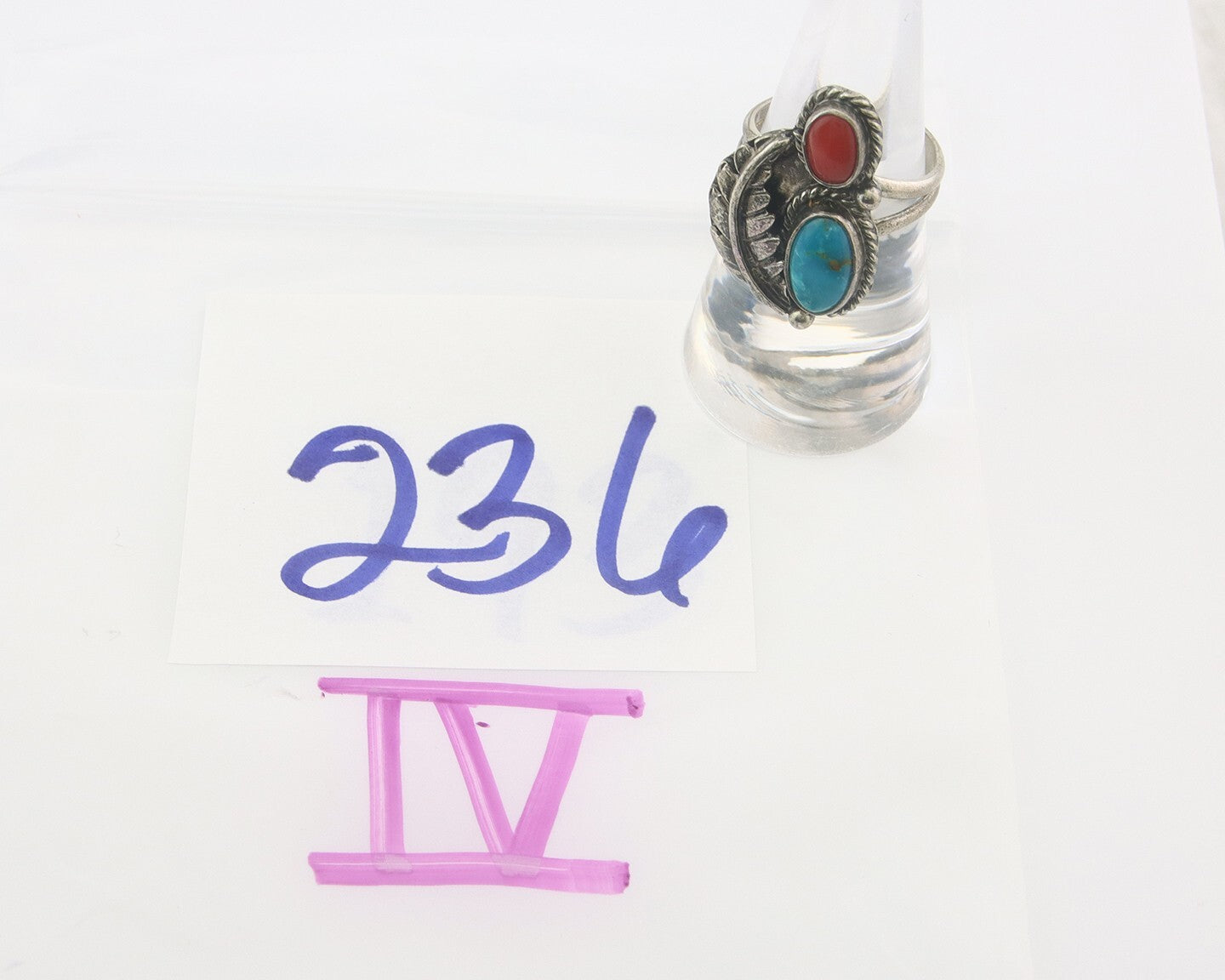 Navajo Ring 925 Sterling Natural Coral & Turquoise Signed EH C.80's Size 7.0