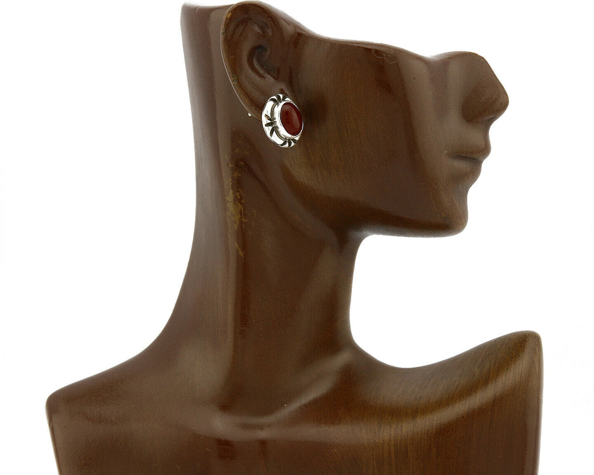 Navajo Hand Stamped Natural Mined Cornelian .925 SOLID Silver Stud Earrings