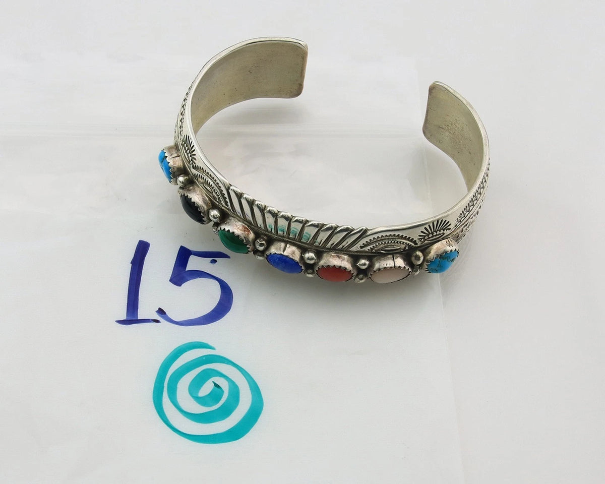 Navajo Cuff Bracelet Sterling Silver Natural Gemstone Vintage Signed WB