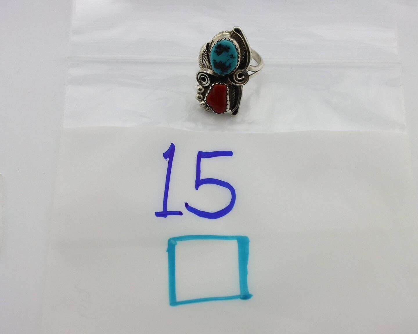 Navajo Ring .925 Silver Turquoise & Coral Artist Signed Justin Morris C.80's