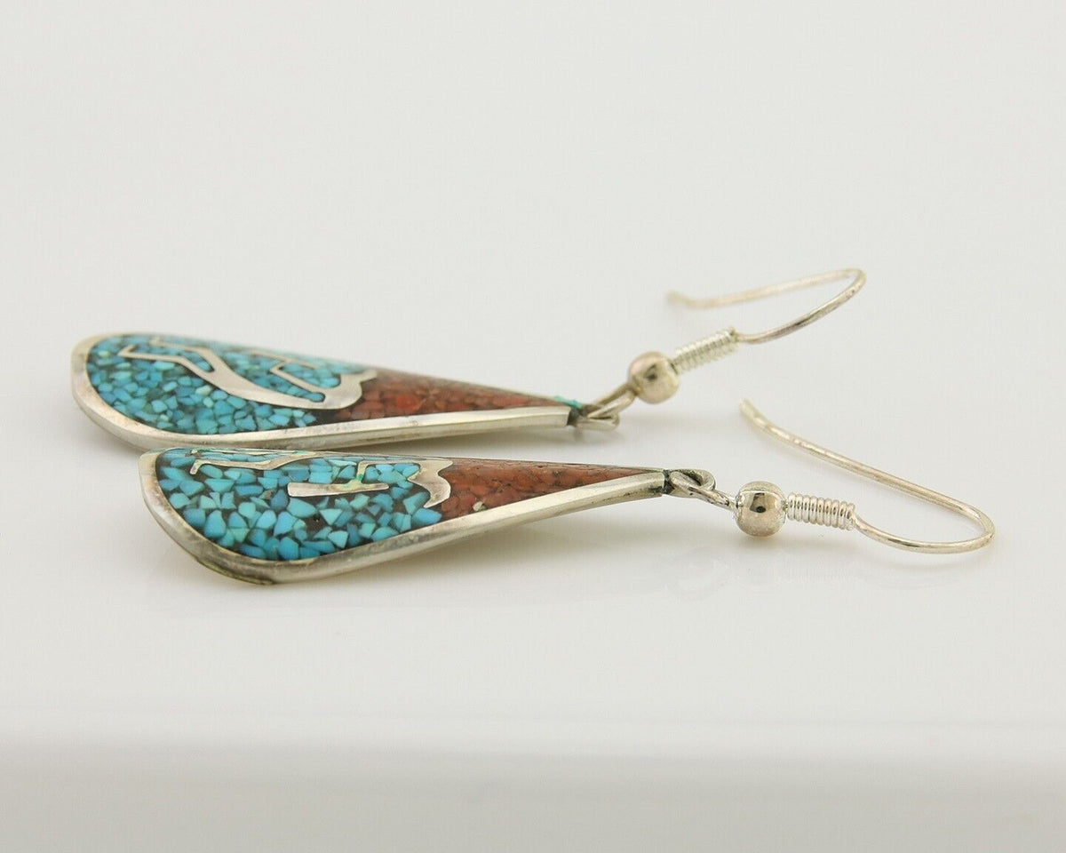 Navajo Kokopelli Earrings 999 Nickel Chip Inlay Turquoise Coral Native American