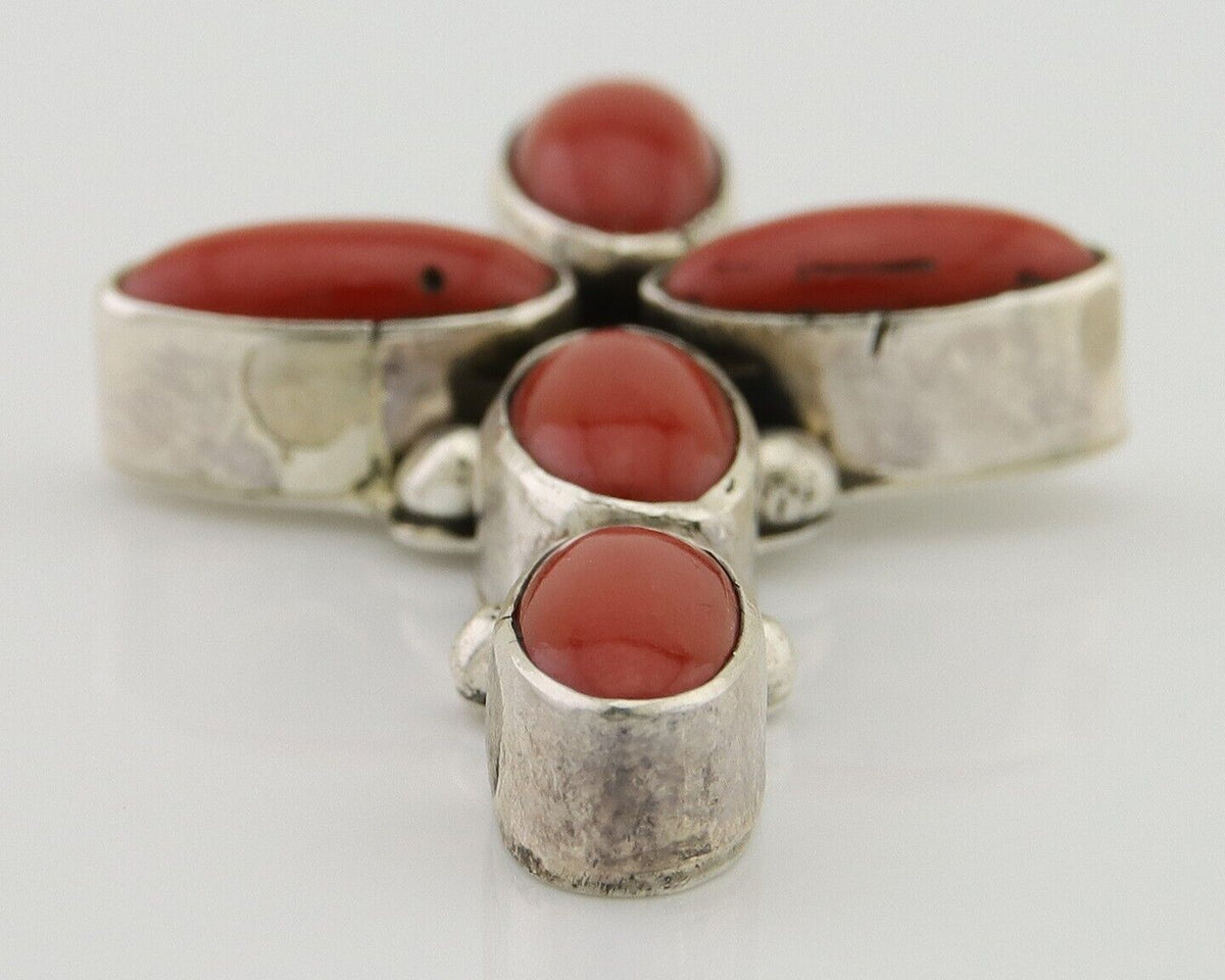 Navajo Cross Pendant 925 Silver Mediterranean Coral Signed J Tso C.80s