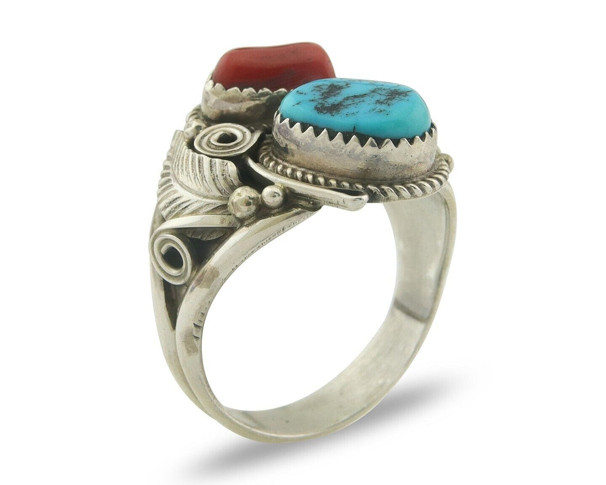 Men Navajo Ring 925 Sterling Natural Coral & Turquoise Signed JM C.80's Sz 12.75