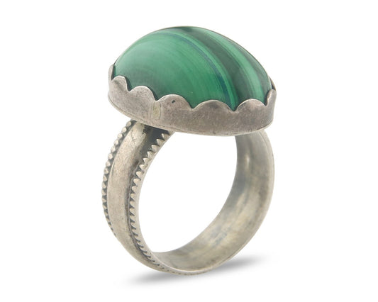 Vintage Navajo Ring 925 Sterling Authentic Traditional Malachite Size 5.0