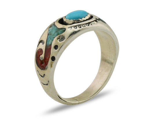 Navajo Ring 925 Silver Turquoise & Coral Natural American Artist C.80's
