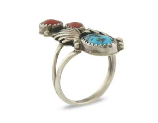 Vintage Navajo Ring 925 Sterling Natural Coral & Turquoise Native Artist Size 7