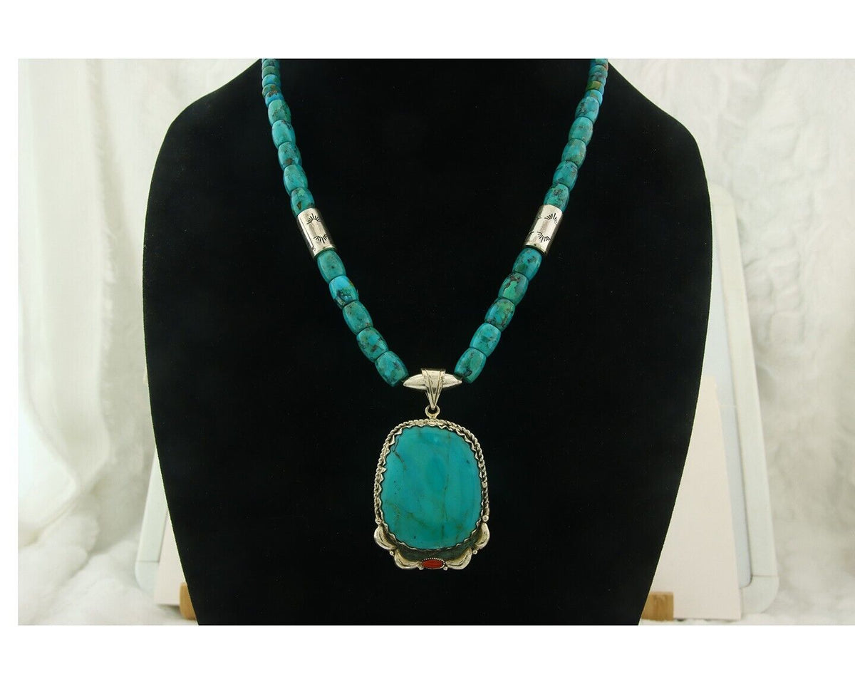 Vintage Navajo Bead Necklace 925 Silver Turquoise Hand Stamped Signed