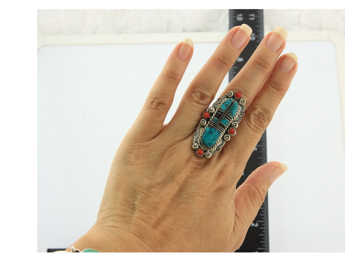 Navajo Tiwa Ring Sterling Silver Gemstone Vintage Signed Francis Size 6.5