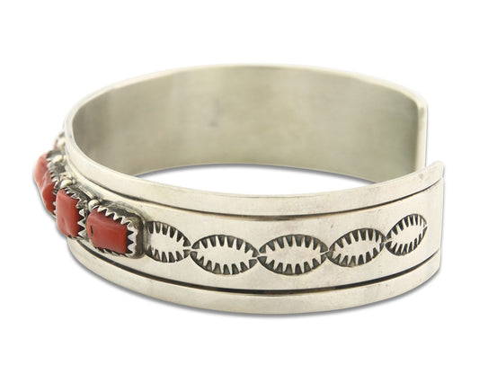 Vintage Navajo Bracelet 925 Silver Red Coral handmade Signed Maria B
