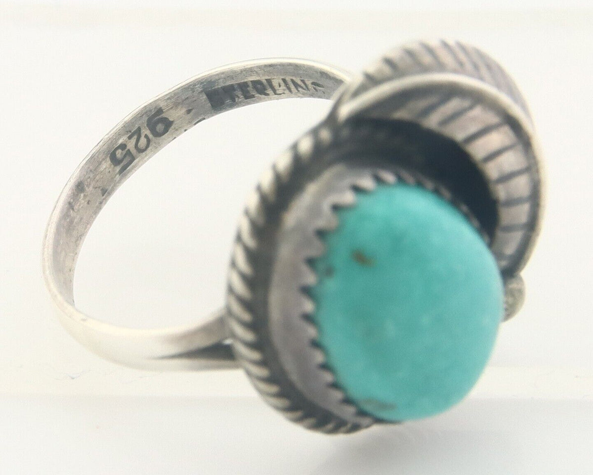 Navajo Ring 925 Sterling Natural Turquoise Native Artist C.80's Size 5.0
