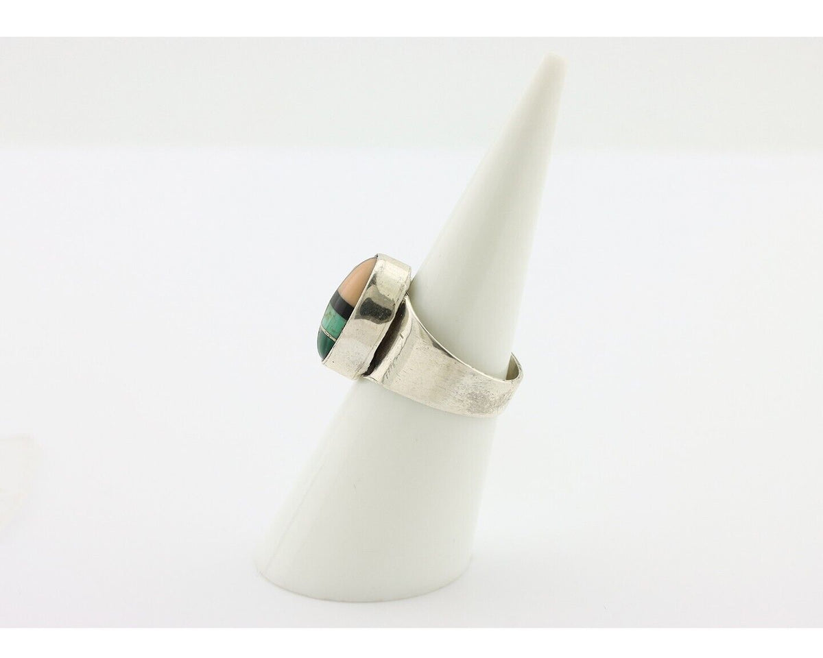 Zuni Inlaid Ring 925 Silver Mixed Natural Gemstones Native American Artist C.80s