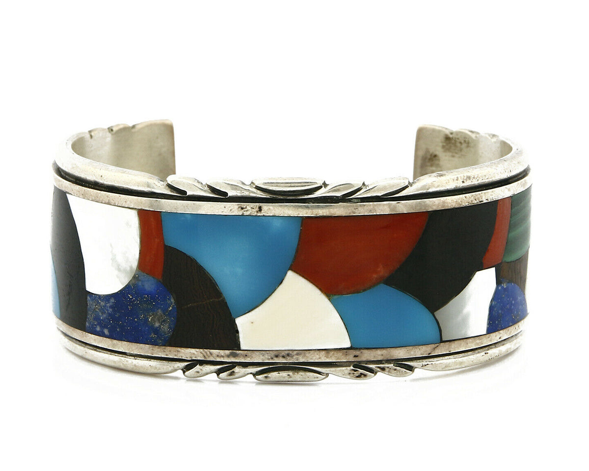 Navajo Jerry Cowboy Signed .925 Silver Gemstone Handmade Unique Cuff