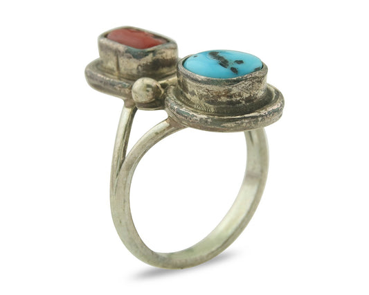 Vintage Navajo Ring 925 Sterling Natural Coral & Turquoise Native Artist Sz 8.0