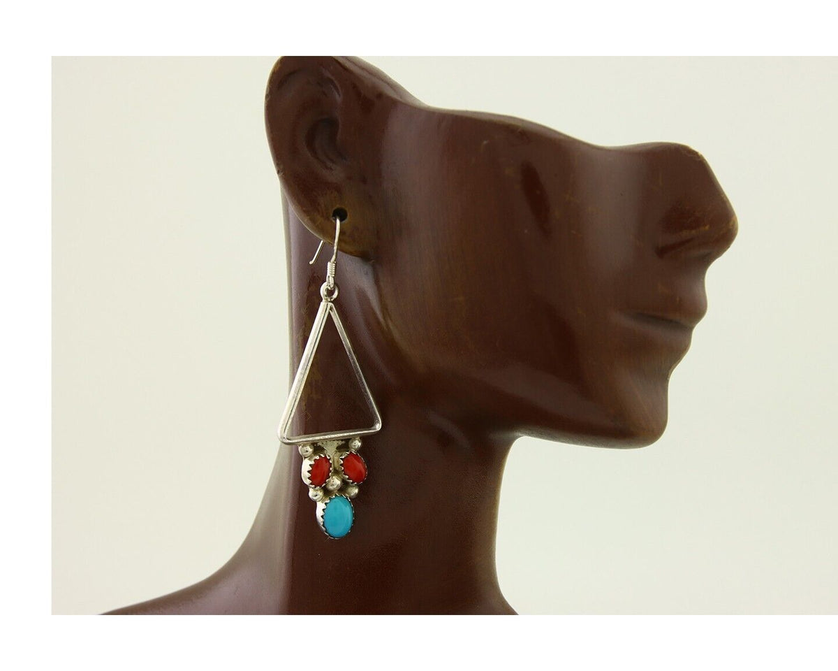 Navajo Earrings 925 Silver Turquoise & Coral Native American Artist C.80's