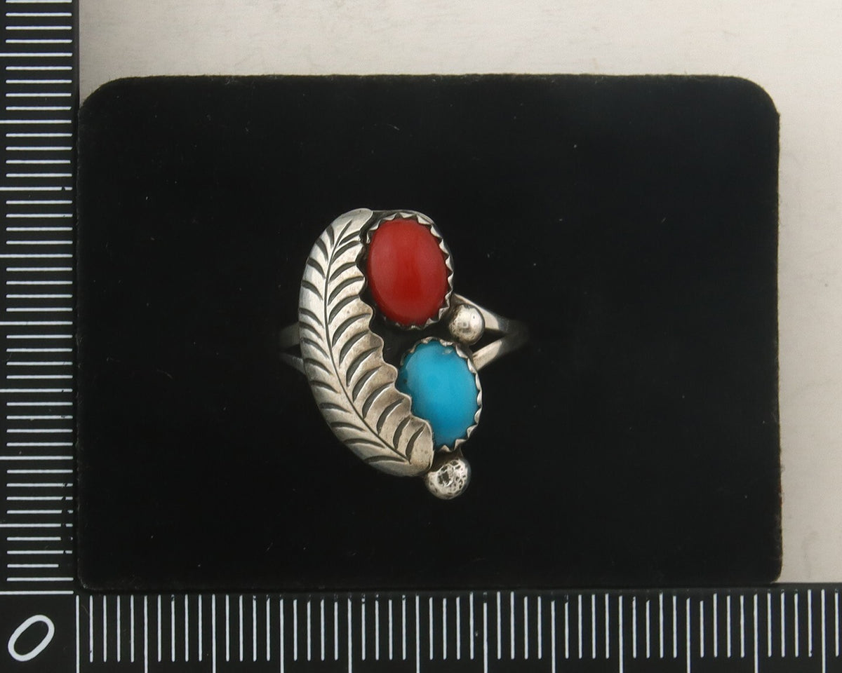 Navajo Ring 925 Sterling Natural Coral & Turquoise Signed BB C.80's Size 6.5