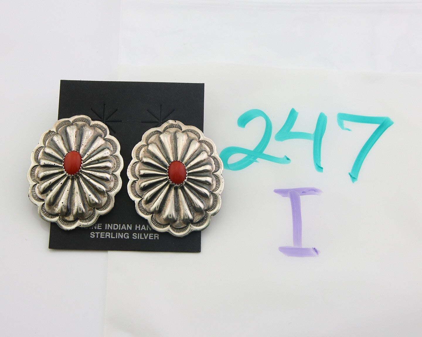 Navajo Earrings 925 Silver Natural Coral Native American Artist C.80's