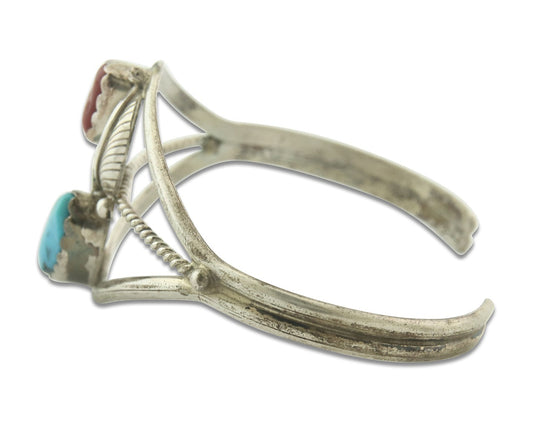 Vintage Navajo Bracelet 925 Silver Red Coral Turquoise Signed Paul J